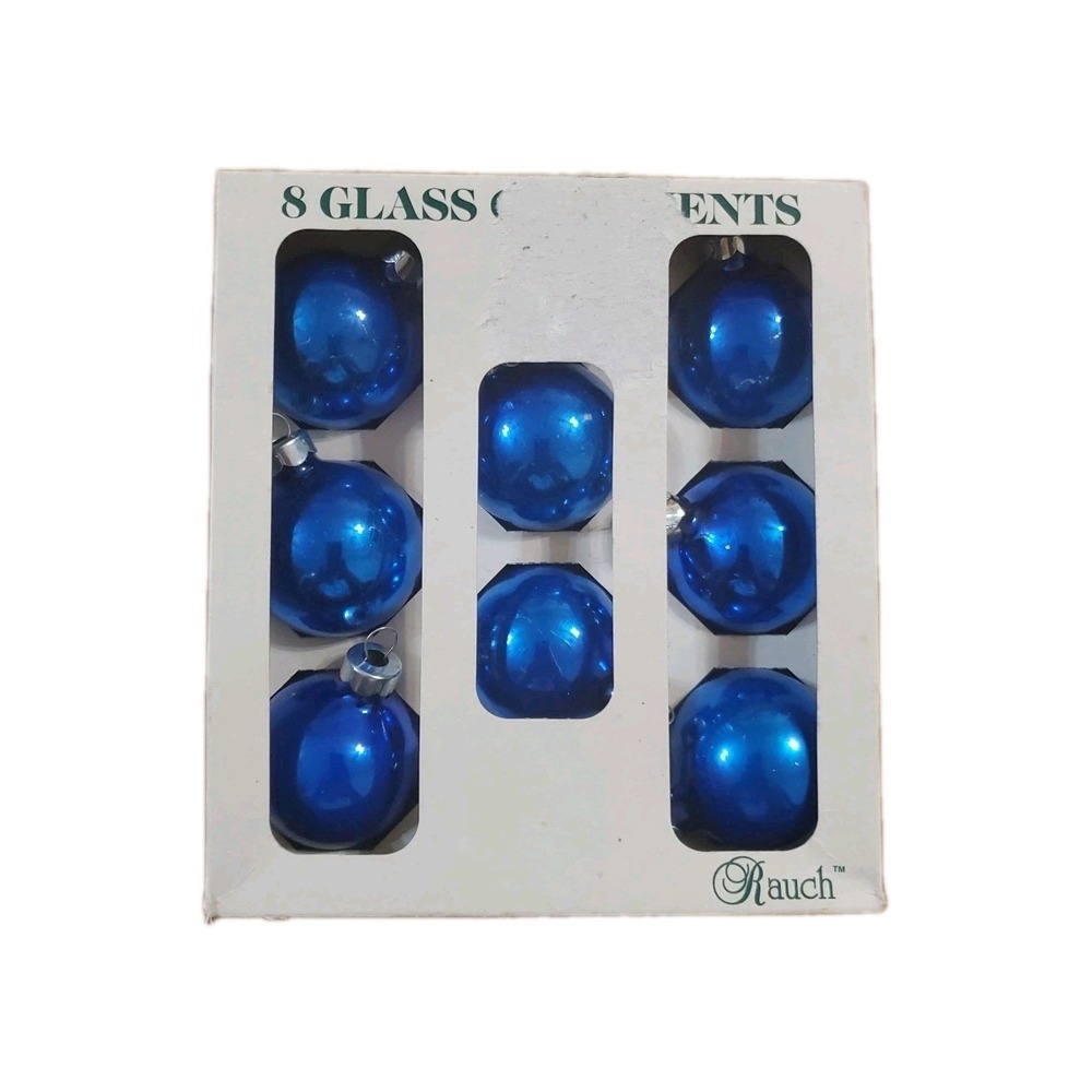 Vintage Rauch Blue Glass Christmas Ornaments 1.75" Set of 8